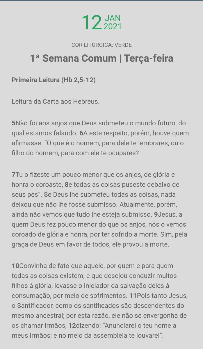 PeWagnerEduardo's tweet photo. #LITURGIADIÁRIA #LITURGIADEHOJE #Liturgia #diária #hoje #PrimeiraLeitura #Hebreus #anjos #Deus #mundo #futuro #respeito #homem #filhodohomem #honra
LITURGIA DIÁRIA - 12/janeiro/2021
Primeira Leitura (Hb 2,5-12)
1a Semana do Tempo Comum - Terça-feira https://t.co/e6yFL20hYT