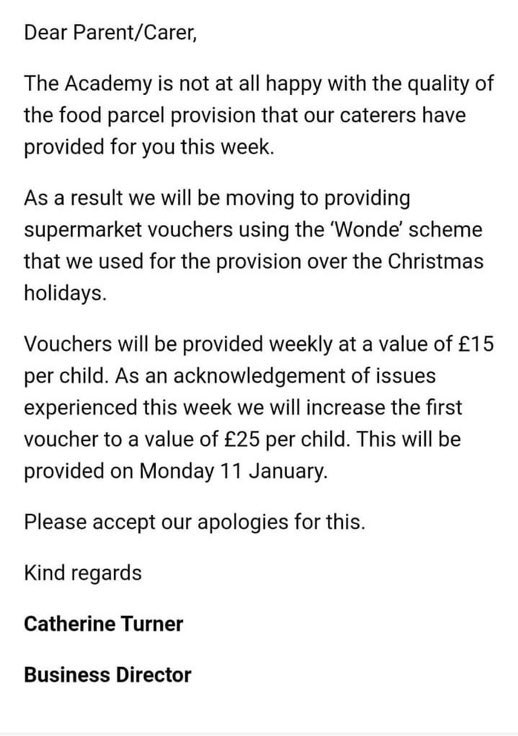 Schools need to be proactive on this, like thebschool local to me who sent the following after rejecting their food parcels