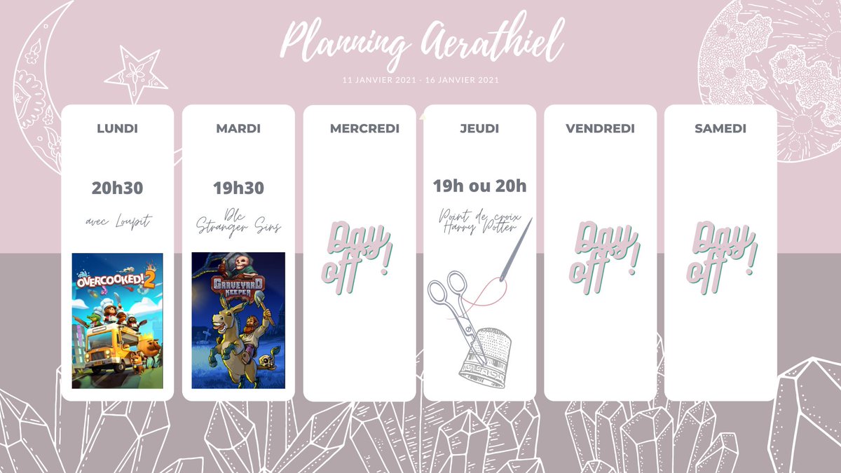 aerathiel's tweet photo. Et voilà le planning de la semaine. RDV demain soir pour la suite de #StrangerSins et jeudi on inaugure les lives point de croix en commençant le #HarryPotter géant de chez #Cloudsfactory ✨🌺🧵 https://t.co/L35WIzRVjK