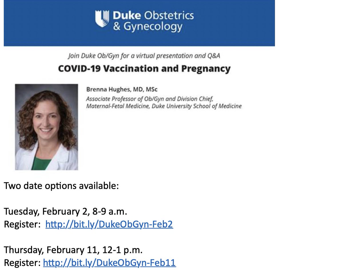 dukeobgyn's tweet photo. REGISTER TODAY! Virtual series on #COVID19 &amp; Pregnancy for community providers featuring Maternal-Fetal Medicine Specialist @brennahughesmd. Two date options:
➡️Tuesday, February 2, 8-9 a.m. https://t.co/MLNUBGSTjr
➡️Thursday, February 11, 12-1 p.m. https://t.co/gYIGQIpQbf https://t.co/vXyAYuj5cy