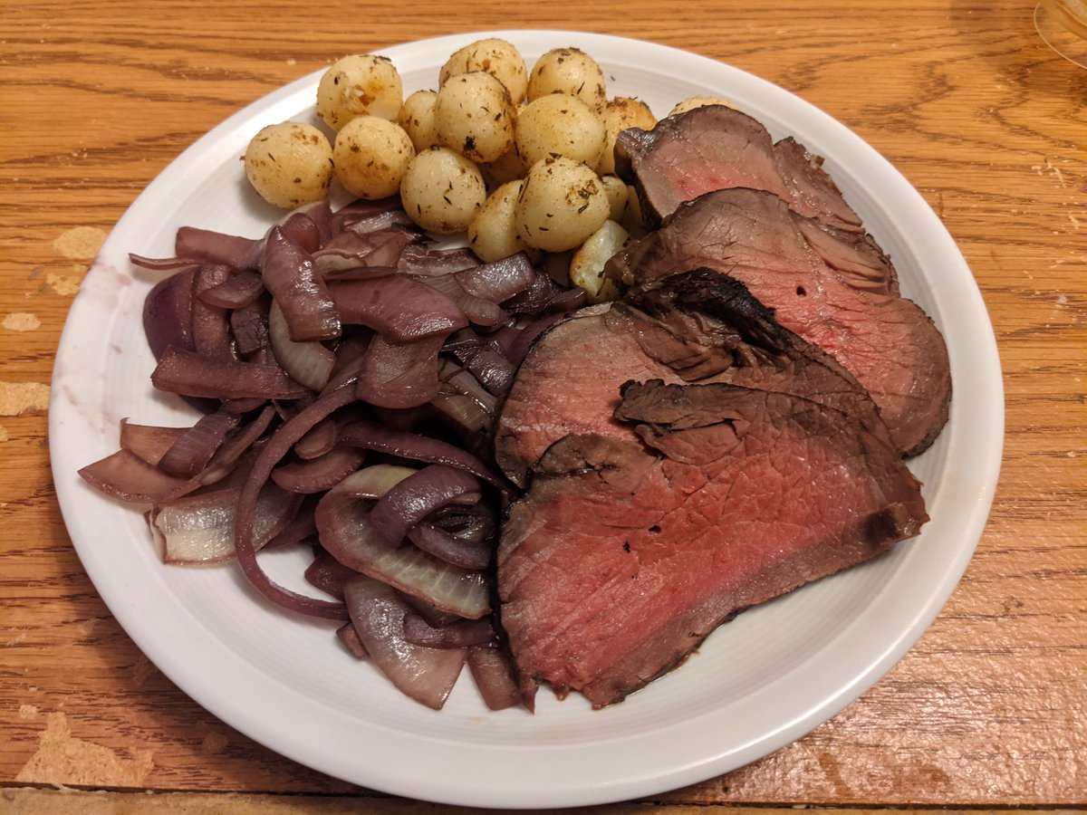 Roast beef with red wine glazed onions and potatoes
