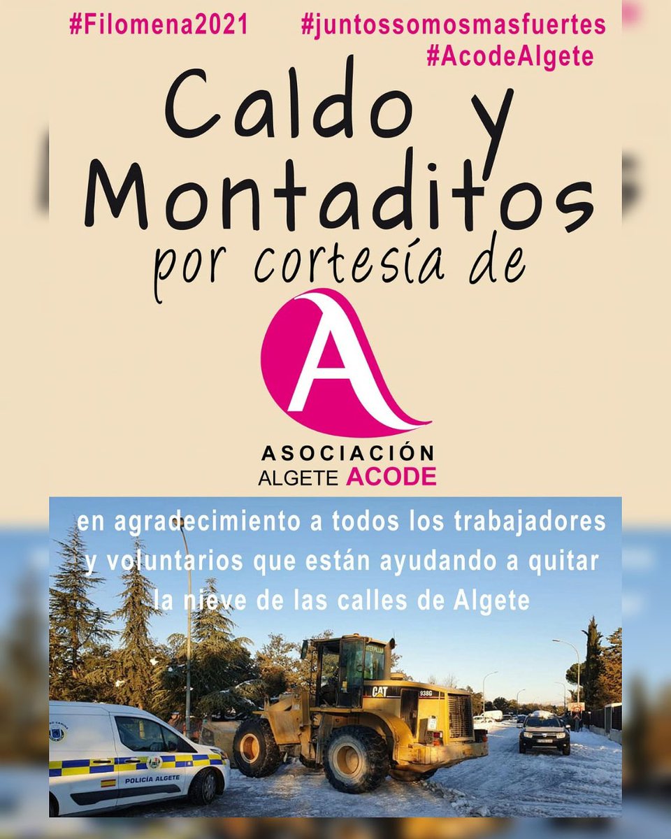 AlgeteACODE's tweet photo. ❄Desde Acode Algete queremos agradecer a los trabajadores de Geseral, a Policía Local, Guardia Civil, Protección civil.
🥖A todos vosotros mañana a las 10:00 os espera un caldo y un montado en la plaza de toros de Algete.
#AcodeAlgete #AlgeteSolidario #AlgeteVoluntario #Algete https://t.co/c1Fcvl1MCI