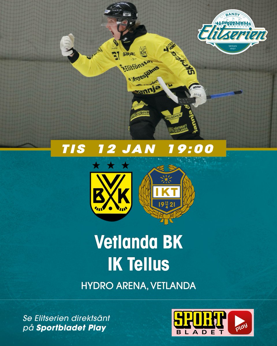 Klockan 19.00 ikväll smäller det. Då kommer <a href="/IKTellusbandy/">IK Tellus Bandy</a> på besök till Hydro Arena och Vetlanda BK spelar hem två poäng. Du följer väl med hemifrån soffan? Du ser som vanligt matchen på Sportbladet Play! 📺💛 #gulsvartabk

Du hittar VBK:s match här: sportbladetplay.se/bandy/elitseri…