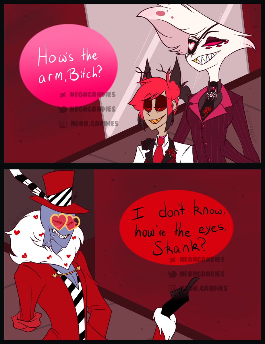 NeonCandies's tweet photo. As a responsible pet owner, Angel makes sure to take Alastor out on walks(I.E: dates). Lolol a glimpse at the dynamic between Angel and Val in my Overlord Angel au~

#radiodust #HazbinHotelAlastor #hazbinhotelAngeldust #HazbinhotelValentino #OverlordAngelDust #SpiderlilyAU https://t.co/S3m1yp5zOO