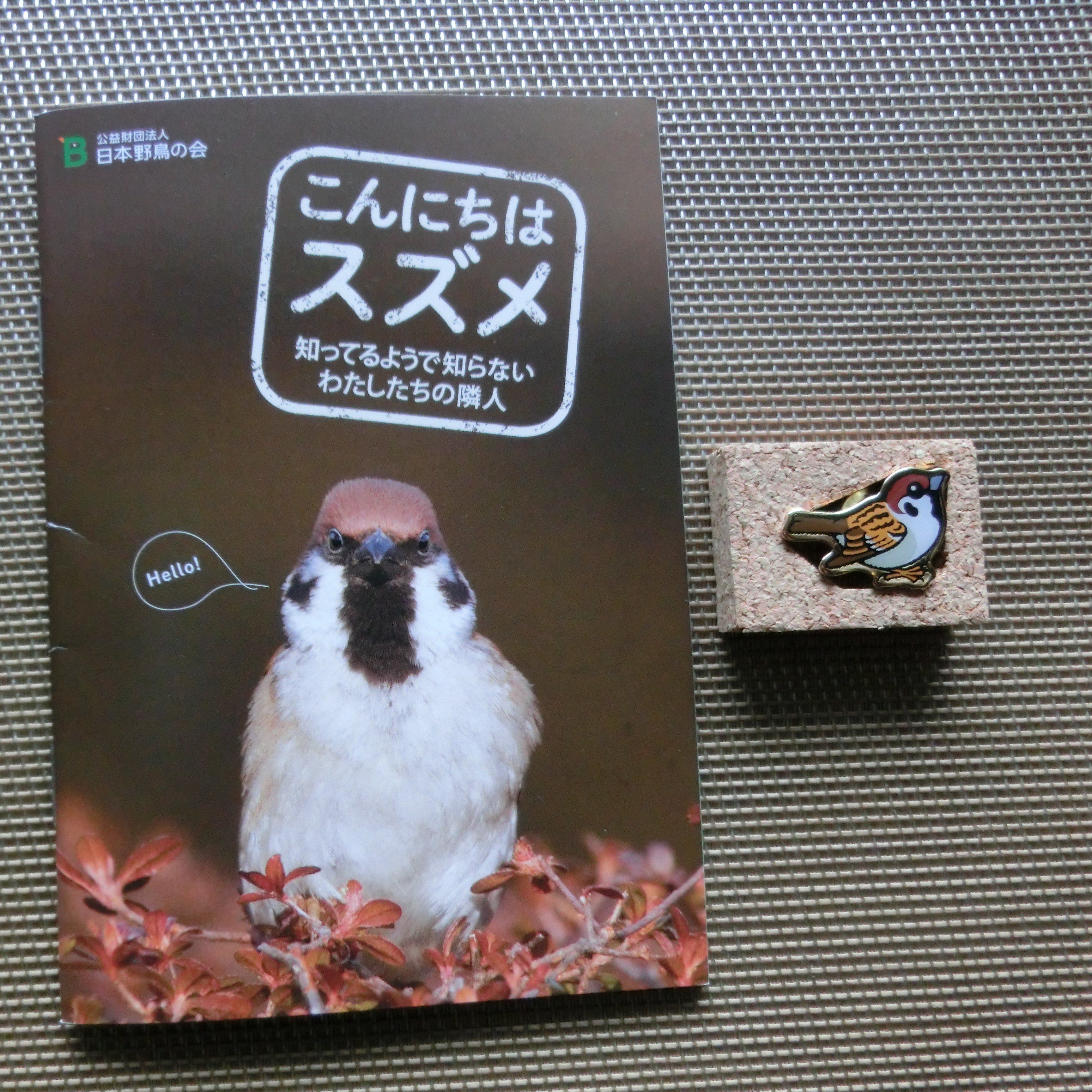 青木 信 小冊子 こんにちはスズメ を日本野鳥の会より無料でいただきました ほのぼの小写真集です お礼として寄付をしてバードメイト ピンバッジ スズメ の右 をいただきました その他 初心者用の小冊子 バードウォッチング手帖