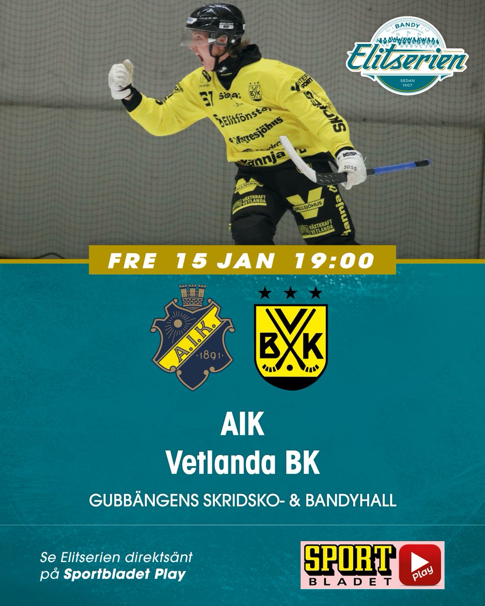 Ikväll möter vi <a href="/AIKBandy/">AIK Bandy</a> på bortaplan. Du är väl med och stöttar ditt gulsvarta lag hemifrån soffan? Du hittar som vanligt matchen på Sportbladet Play! 📺💛 #gulsvartabk #sportbladet #sportbladetplay #svbandy 

Direktlänk till matchen: sportbladetplay.se/bandy/elitseri…