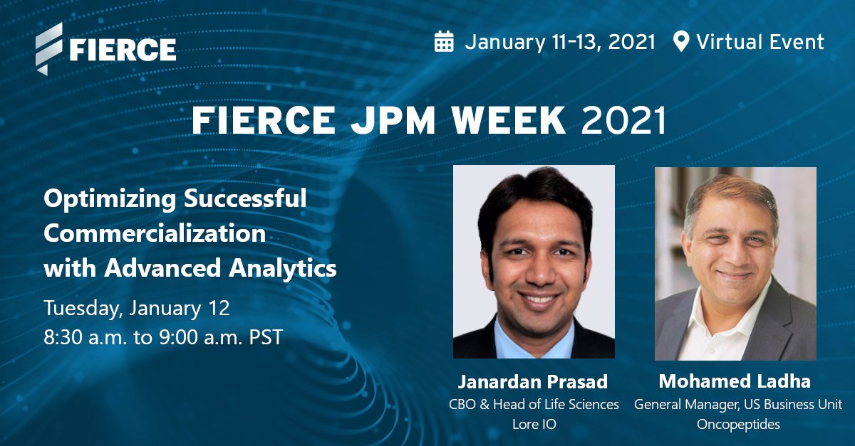teamLoreIO's tweet photo. Reminder: Please join us tomorrow, Tuesday, January 12 from 8:30 a.m. to 9:00 a.m. PST, as we discuss how to optimize successful #commercialization with advanced analytics and #AI. https://t.co/lHJCxKJWqb #FierceJPMWeek #biopharma https://t.co/TYr9D3kgSn