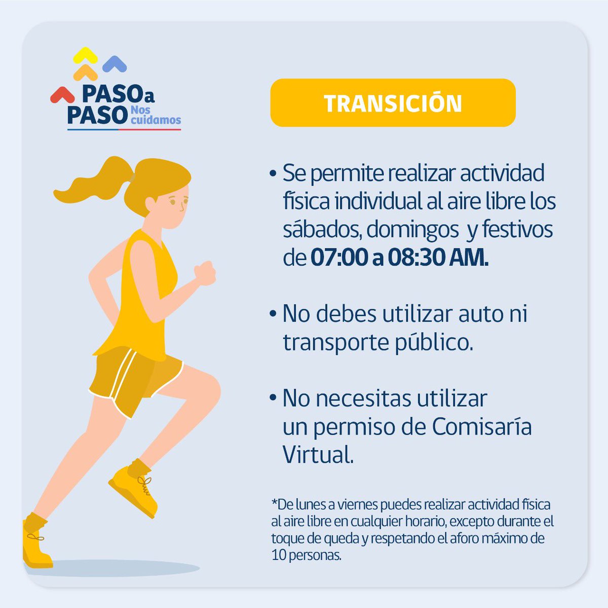 Este jueves parte la ⏰"Banda Horaria Elige Vivir Sano", que permite la práctica de 🏃🏽actividad física individual🚴🏽 al aire libre en comunas en Cuarentena o Transición entre las 07:00 y las 08:30 horas, de lunes a domingo, sin necesidad de pedir un permiso. Más detalles aquí👇🏽👇🏽