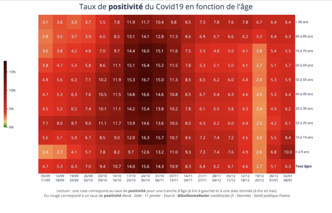 An updated age positivity heatmap for France showing a resurgence in positivity that appears to be starting out in children this time, rather than 20-30yr olds.  https://twitter.com/guillaumerozier/status/1348351378494787589