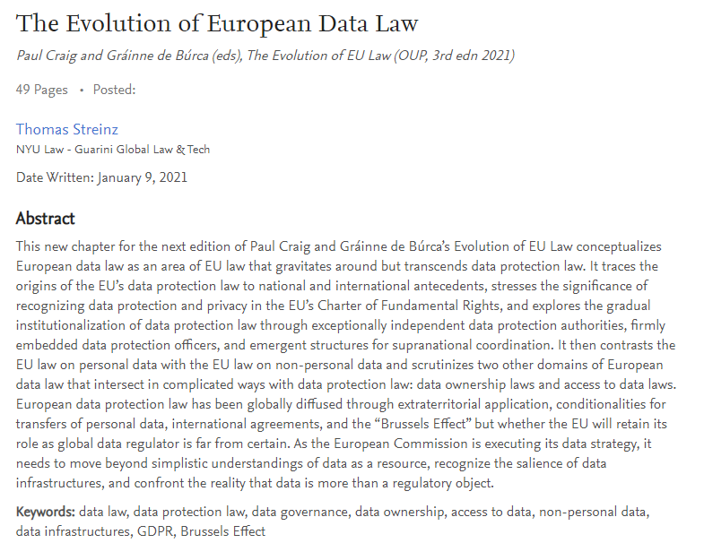 To celebrate my return to Twitter and to reward or punish my followers (decide for yourself), let me share my draft chapter on the "Evolution of European data law" for the 3rd edition of Paul Craig and Grainne de Burca's Evolution of EU Law  (OUP 2021):  https://papers.ssrn.com/sol3/papers.cfm?abstract_id=3762971