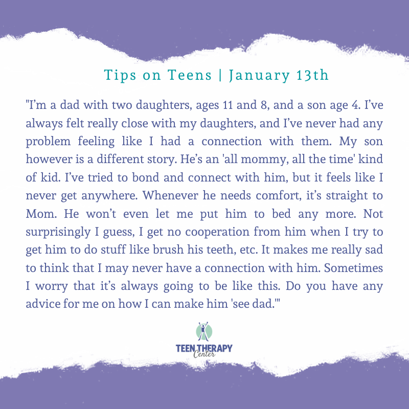 TeenTherapyHelp's tweet photo. Is your kid bonded with one parent and not the other? And if you’re not the “parent of choice,” are you worried about never having a connection with your kid?

Tune in to TipsOnTeens on Facebook Live on Wednesday to hear Kent address this question.

https://t.co/ErV4Maxdam https://t.co/v318OAr8lX