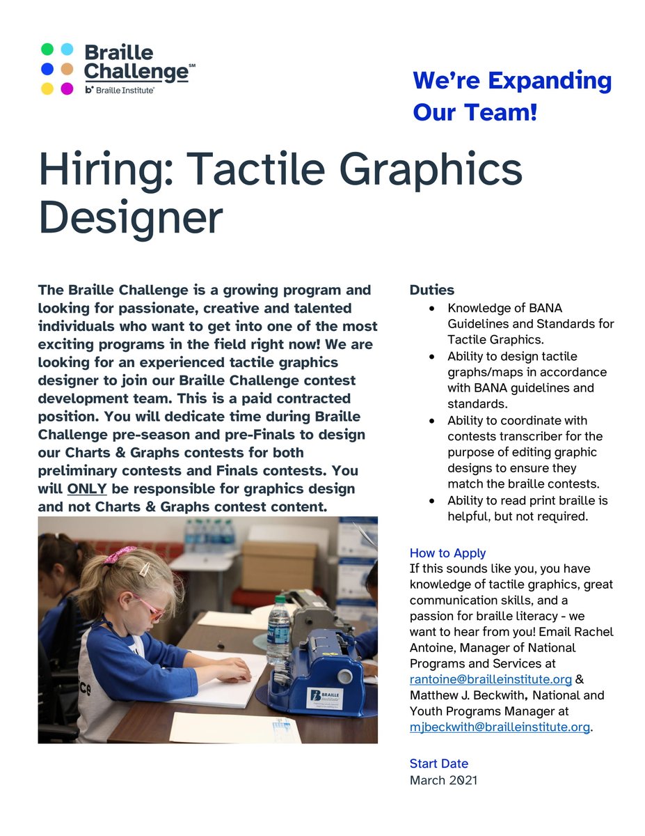 We're expanding our Braille Challenge team! Calling all Tactile Graphic Designers! See the image and alt text of the image for more information about the position and how to apply! #BrailleChallenge #BrailleLiteracy