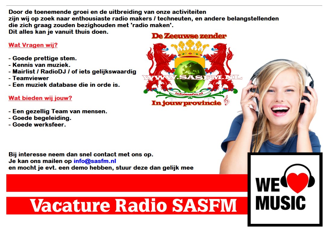 Radio SASFM is opzoek naar nieuwe collega's
Die het leuk vinden, om vanaf thuis zijn of haar programma te maken.
Mail dus vandaag nog!!