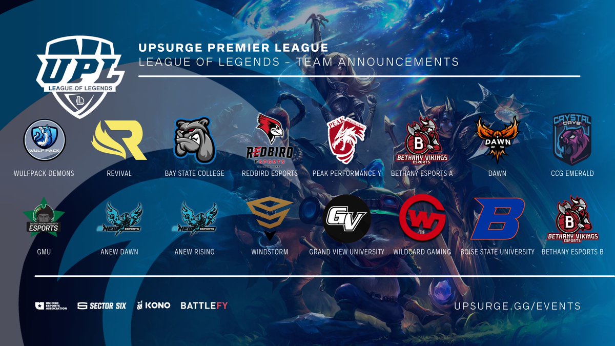 Good Evening🌛

We are thrilled to announce the teams competing in the Upsurge Premier League for League of Legends this Winter Season!🎉

Thank you for applying and congrats on being accepted! Good luck for this Winter Season!🌊
