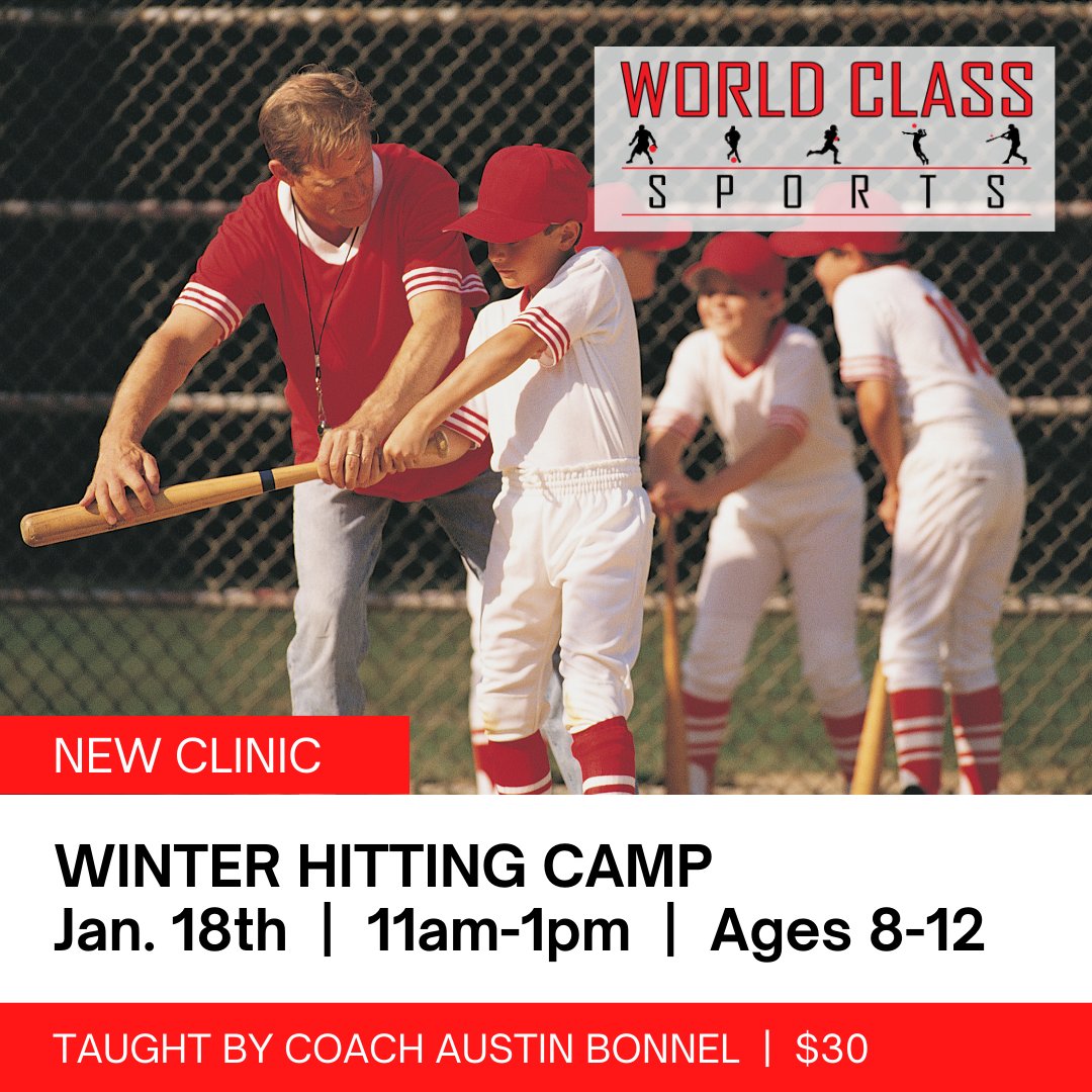 Information_WCS's tweet photo. World Class Sports is hosting a 👉one-day Winter Hitting Camp! Improve your swing and technique!👈

⚾Sign up here: https://t.co/bPUgSmuqp7

The camp will be held Jan. 18th from 11am-1pm  | 🏃‍♂️ For kids ages 8-12  |  Taught by Coach Austin Bonnel.😎 https://t.co/BMkaTO0y1i