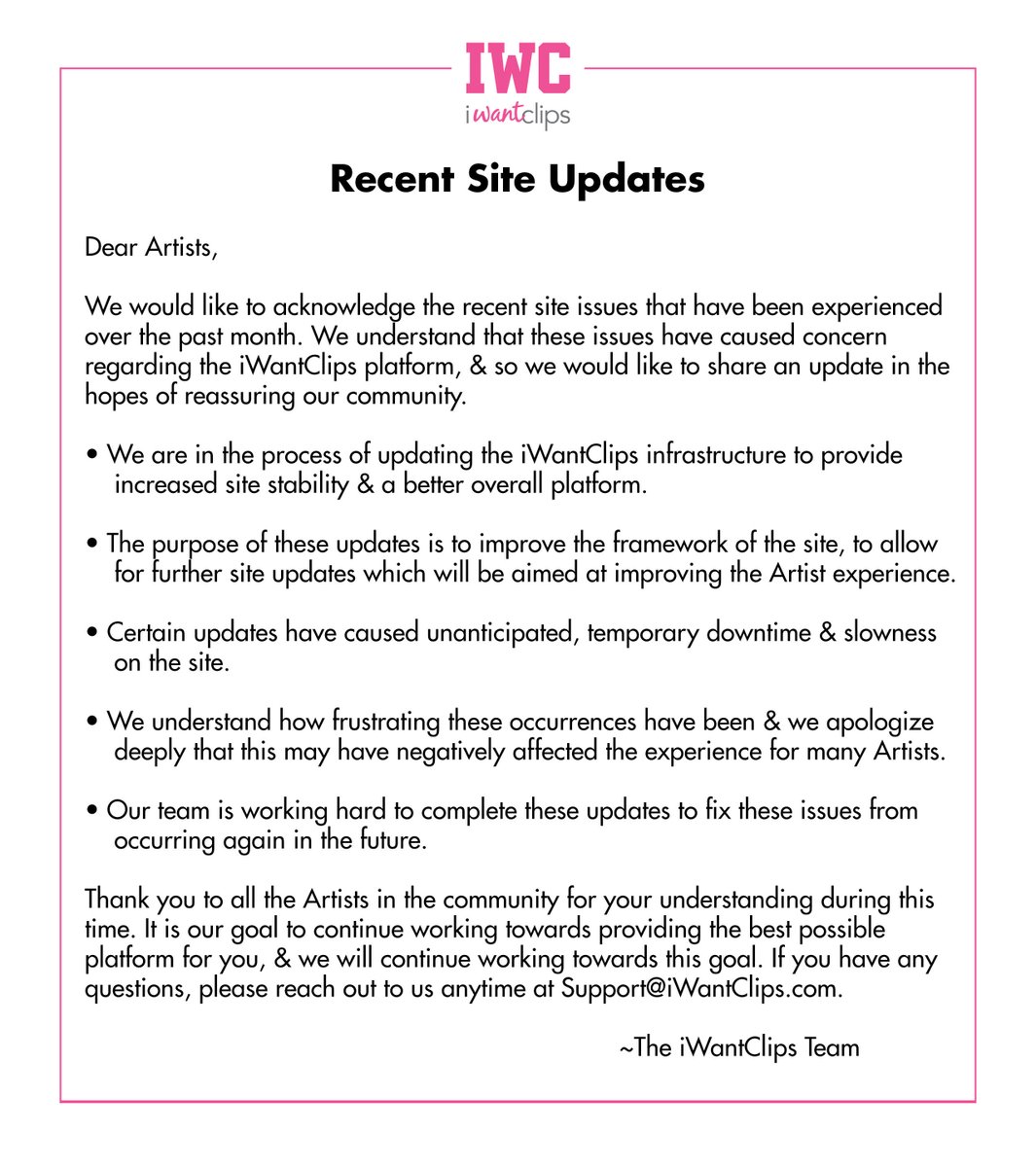 IWCSupportTeam's tweet image. We would like to share the following statement in regards to our recent site updates with our Artist community.