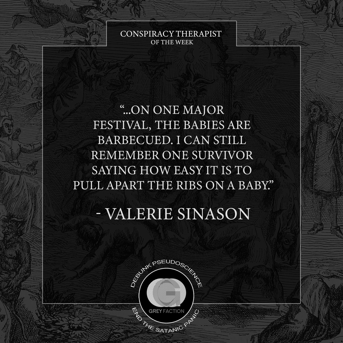 GreyFactionTST's tweet photo. Our Conspiracy Therapist of the Week is Valerie Sinason, a well known figure in the UK for her claims about Satanic ritual abuse &amp; mind control. An active member of the #ISSTD, she once likened Satanic cult murders to the Holocaust. #CTWeekly #ISSTDAC2021 https://t.co/gCpno1AOVa https://t.co/Ud7uDFDcX7