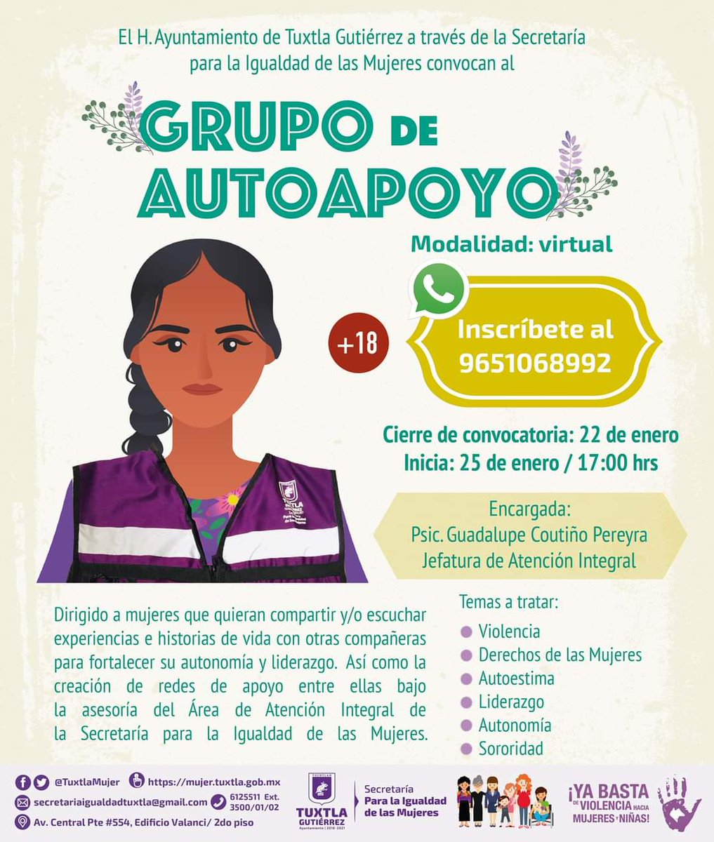 TuxtlaMujer's tweet photo. #Convocatoria 🙋🏽‍📢   Te invitamos a formar parte del #GrupoDeAutoapoyo con la finalidad de abrir el diálogo entre mujeres que quieran compartir y escuchar experiencias de vida con otras compañeras para fortalecer su autonomía y liderazgo. 

📝 Inscríbete al 9651068992 https://t.co/8sGnq0Xe9L