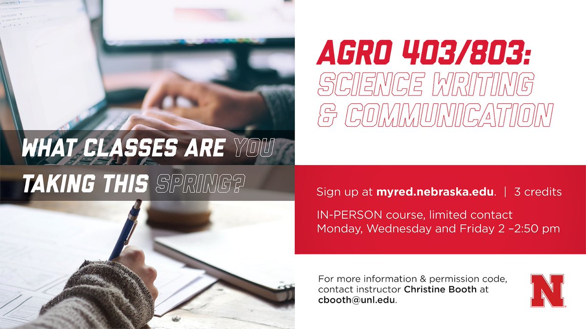 unlagrohort's tweet photo. AGRO 403/803: Scientific Writing & Communication, 3cr, IN-PERSON limited contact: M, W & F, 2–2:50pm. Develop writing skills to communicate your science. Register at https://t.co/j20zKnWUFE #UNL #ThisIsCASNR #UNLAgroHort #UNL_IANR #UNL_PlantPath #UNLdph #UNLEntomology #UNLSNR https://t.co/4UBSPb03ZS