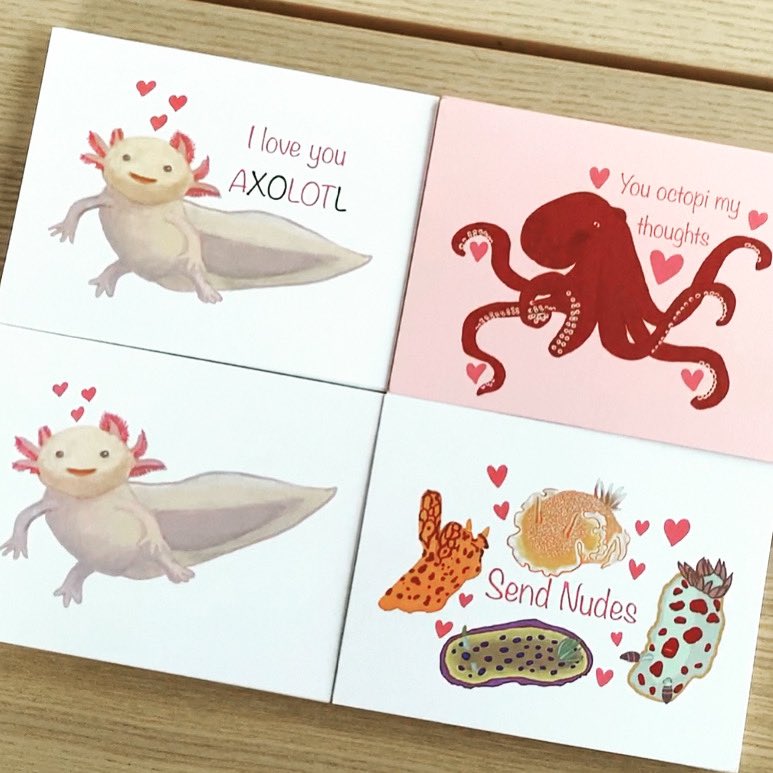 squiddllr's tweet photo. Valentine’s Day postcards are now available in my Etsy shop! Send your friends and loved ones a fun marine themed note this Valentine’s Day.
https://t.co/VK07KKSpZZ 

#ValentinesDay2021 #valentinesdaycard #etsyvalentines #oceanvalentines  #octopuscard #axolotlcard #nudibranchcard https://t.co/lNZ3wU3sFH