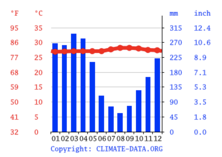 For those who asked about the climate in Manaus: red is the temperature, pretty much the same warm temps month to month. Blue is precipitation.