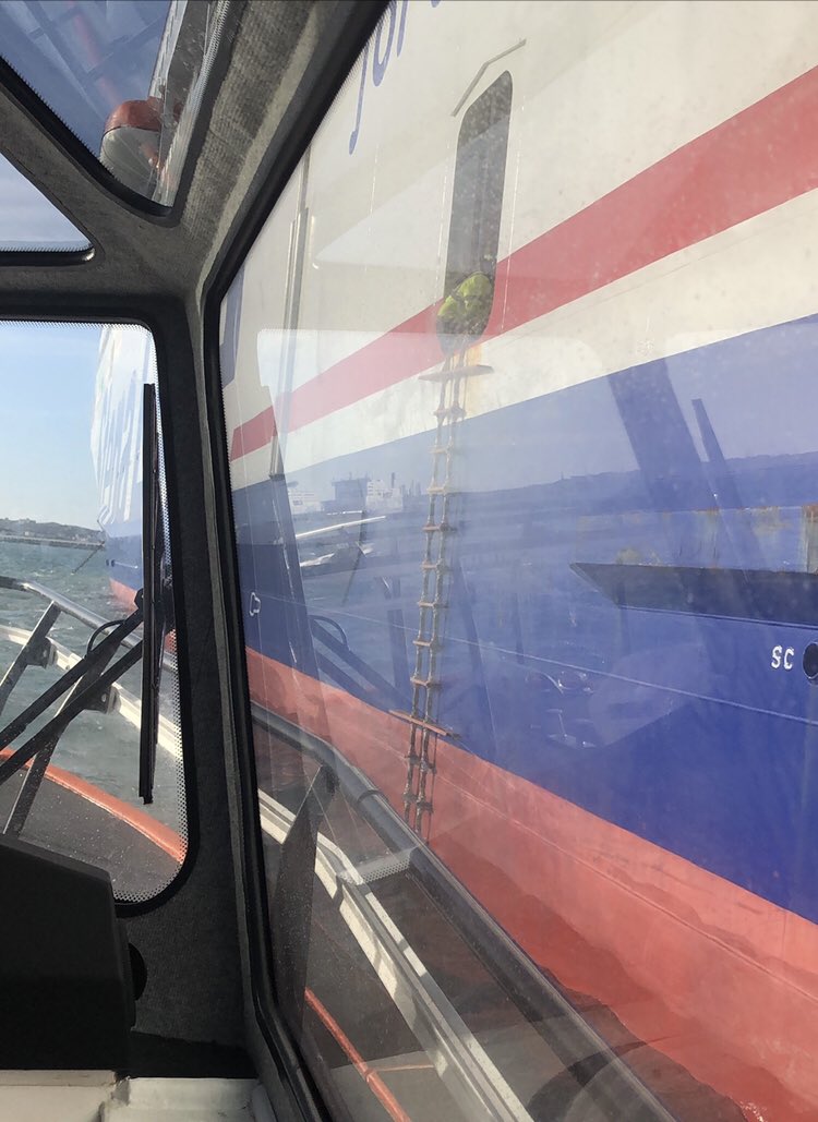 To my surprise a ferry has a door on the vehicle deck for emergency deliveries, such as scared PR guy and a TV cameraman. However, it had never been used and they couldn’t open it. So we are bobbing alongside this massive ferry in a tiny boat, with the cameraman explaining to Sky
