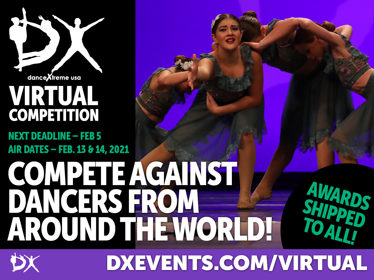 DXDanceEvents's tweet photo. The next DX Virtual comp deadline is February 5th. Open to all school, rec, all star, collegiate, and studio dancer(s). Independents welcome too! https://t.co/qQLUOsM0lQ  #dx2021 @dxeventsofficial #dxeventsofficial https://t.co/kL4o9SvlLZ