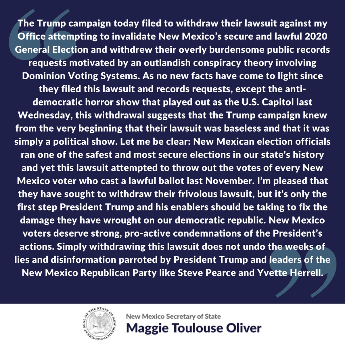 The Trump Campaign has withdrawn their frivolous lawsuit seeking to invalidate the results of New Mexico's 2020 General Election. Read our official statement below.

#nmpol #Election2020