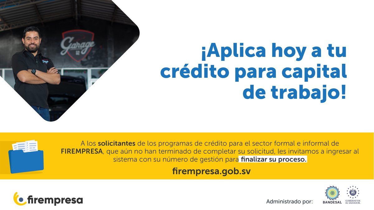 BANDESAL's tweet photo. ¡Si tu empresa fue afectada por la pandemia, es momento de reactivarla! ☝🏻

Aplica ya al programa de otorgamiento de créditos para el sector formal e informal en: https://t.co/aWOZNBBNOe https://t.co/4CYxFNrC9T