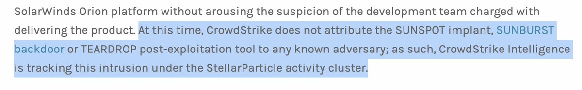 Why do I talk about naming things so much? This is why! CrowdStrike DOES NOT CALL THE ADVERSARY A BEAR. They call this an activity cluster named StellarParticle. This is important. It's also important to note that this is a different name than Solorigate...