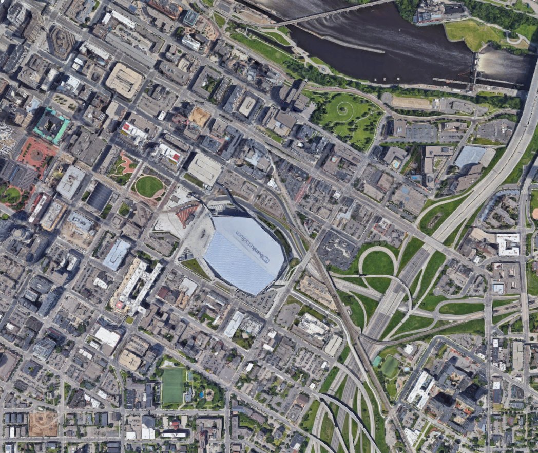 Minnesota's is near downtown, not too much parking visible, next to a river, but sadly, next to a highway. Arsenal FC play on one of the last stops on the London Underground, and more people live near it than the Vikings one.Minneapolis (left) vs Arsenal FC London (right)