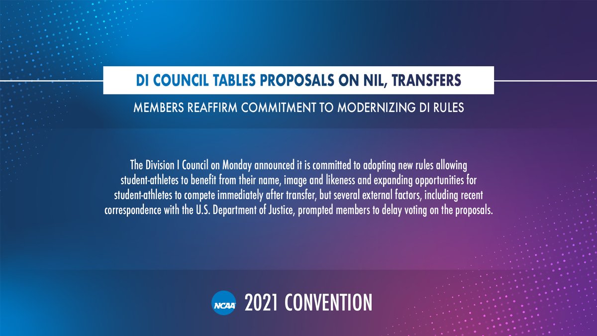Division I Council tables proposals on name, image, likeness and transfers.

on.ncaa.com/eujpl | #NCAAconv
