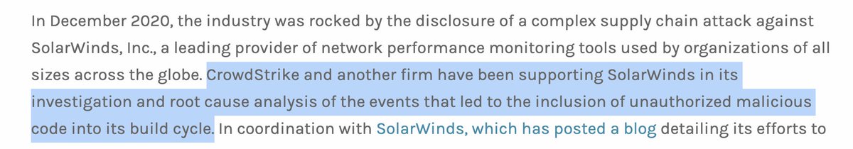 A brief thread on the  @CrowdStrike blog on SUNSPOT...as I read it. This confirms CrowdStrike was one of SolarWinds' IR firms, which we'd heard rumblings of before.