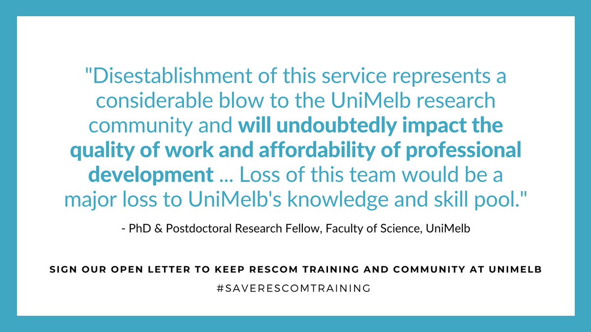 ResCom_unimelb's tweet photo. Think essential research training should be free to researchers? So do we. Delivering quality training researchers need to complete their research for free has been at the centre of our service's existence over the past 7 years. Let's keep it like that and #SaveResComTraining ⬇️ https://t.co/J7VX4j4H5e
