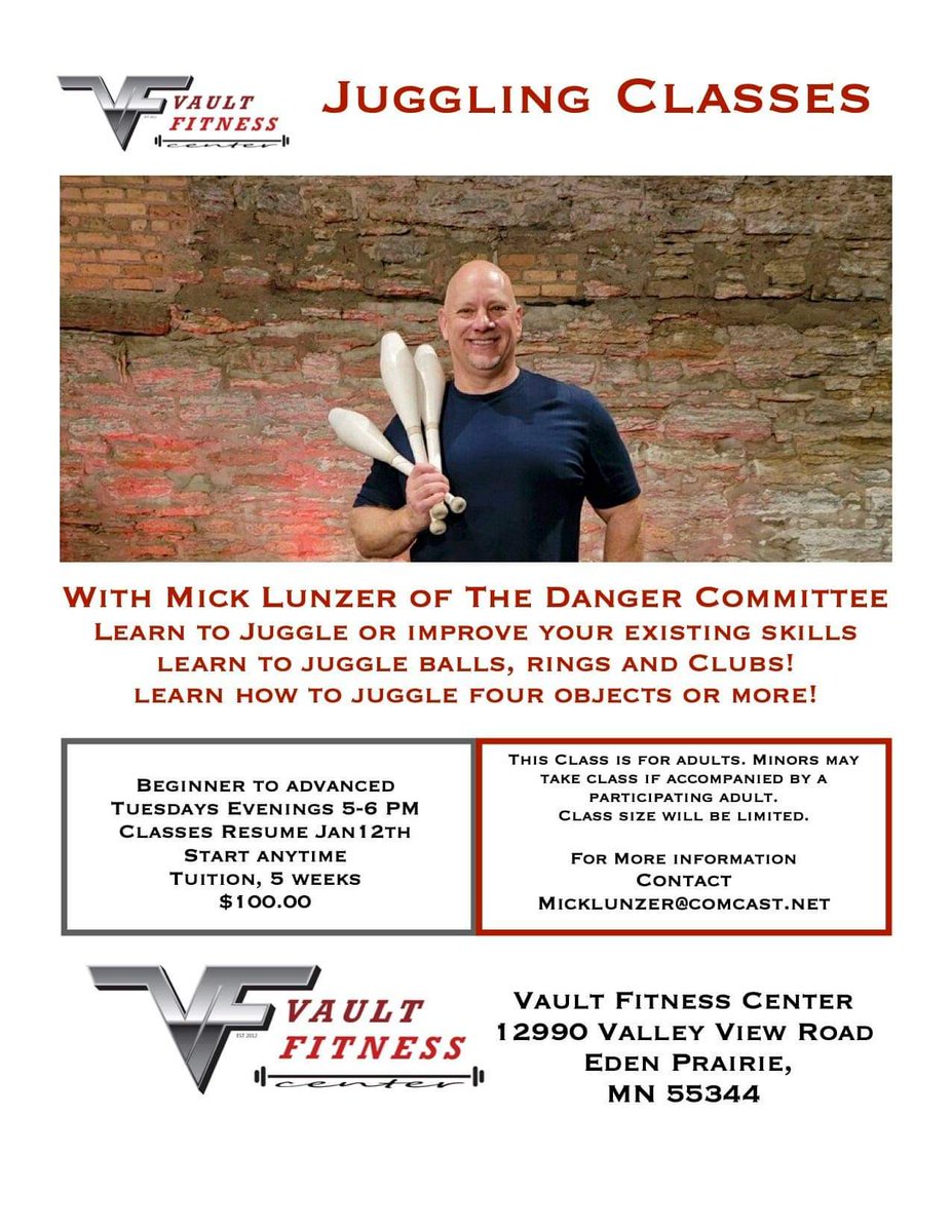 DangerCommittee's tweet photo. Bald Guy's juggling classes start up again tomorrow! (Jan 12)
If you are interested or have questions, send a message to Mick Lunzer He still likes to claim that is his real name. #DangerCommittee #juggling #classes https://t.co/sV52OYQzcf