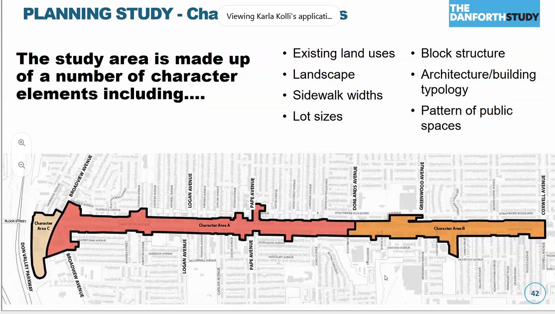 The Danforth Study has identified three different character areas along the western stretch. Because the area is targeted for change, the City starts with this assessment of the current state: