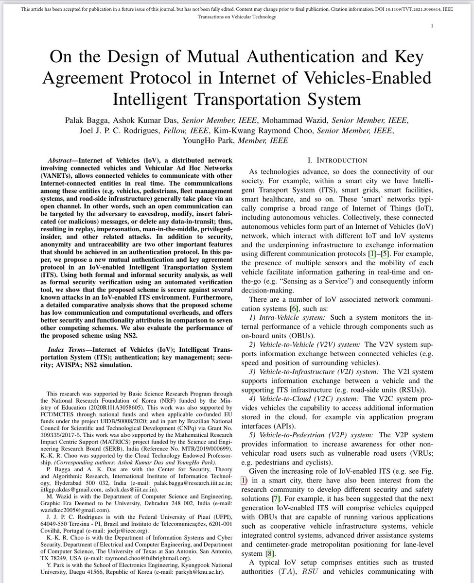 RaymondChooAu's tweet image. On the Design of #MutualAuthentication and #KeyAgreement Protocol in #Internet of Vehicles-Enabled #IntelligentTransportation System. @IEEEorg Transactions on #Vehicular Technology [In press]. doi.org/10.1109/TVT.20… @UTSAResearch @UTSA #CyberSecurity #IoT #SmartCities #Crypto