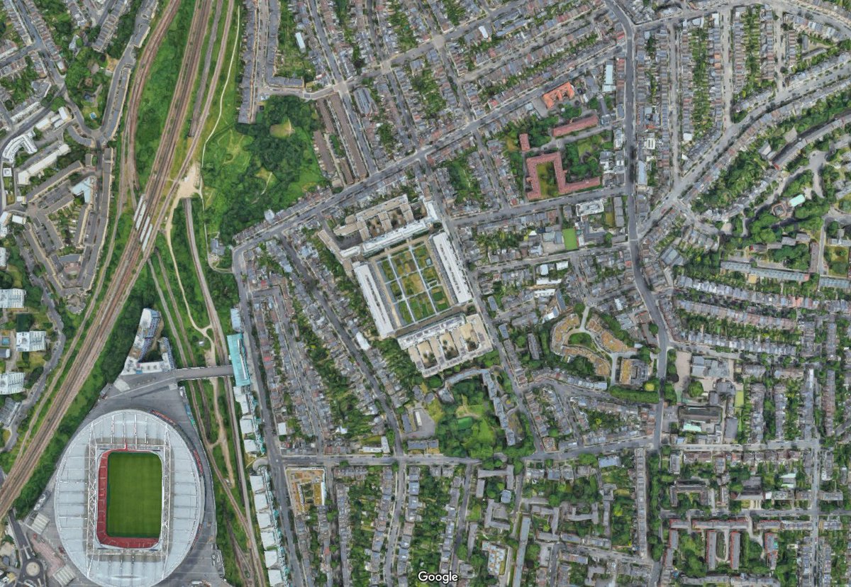 St Louis skipped town too, leaving this huge city block vacant. When Arsenal moved a few blocks down into their new stadium, they turned the old one into condosSt Louis (left) vs Highbury London (right)