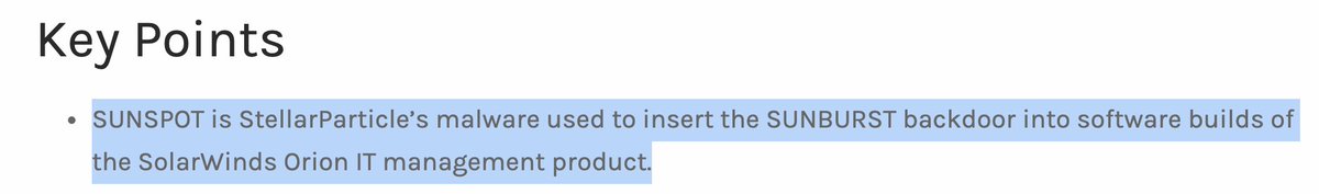 This is super important. This, and other details, tell us that SUNSPOT itself was specifically used in the SolarWinds environment. This means that SUNSPOT itself should really only be in SolarWinds' threat model. (However, orgs who could be part of a supply chain compromise...