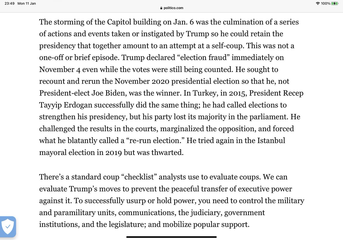 Leading up to it Trump tried to “normalise” the alleged conditions leading to it. Allegations of voter fraud..but no supporting evidence.Erdogan did it.There is a standard checklist used to evaluate coups.