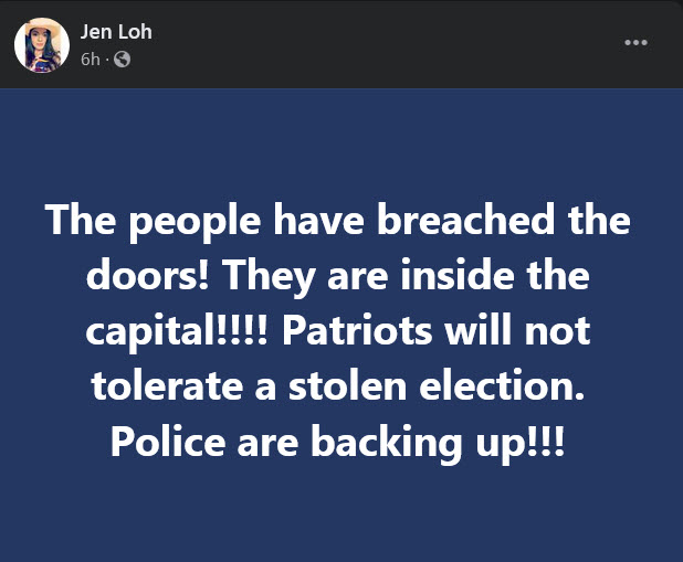 Early on, Jennilyn Kae Lohmer (aka Jen Loh) talks about how she was there at the Capitol and that antifa did not lead the way. She posted live updates from the Capitol grounds as the mob of Trump fans violently fought to get in.
