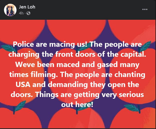 Early on, Jennilyn Kae Lohmer (aka Jen Loh) talks about how she was there at the Capitol and that antifa did not lead the way. She posted live updates from the Capitol grounds as the mob of Trump fans violently fought to get in.