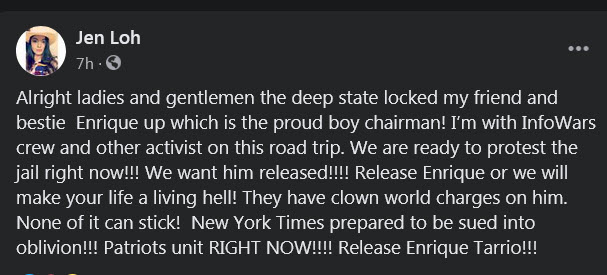 Jennilyn Kae Lohmer (aka Jen Loh) of San Antonio, TX wants to start a bail or legal fund for her friends who plan to return for the Biden inauguration. FYI: Many of her friends are members of the Proud Boys.