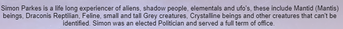 NeilDaher's tweet photo. @PointSpredDevil @SecPompeo How can anyone take someone like this seriously? 👇 

"Simon Parkes is a life long experiencer of aliens, shadow people, elementals and ufo's, these include Mantid (Mantis) beings, Draconis Reptilian, Feline, small and tall Grey creatures..." https://t.co/srBKqgyETv