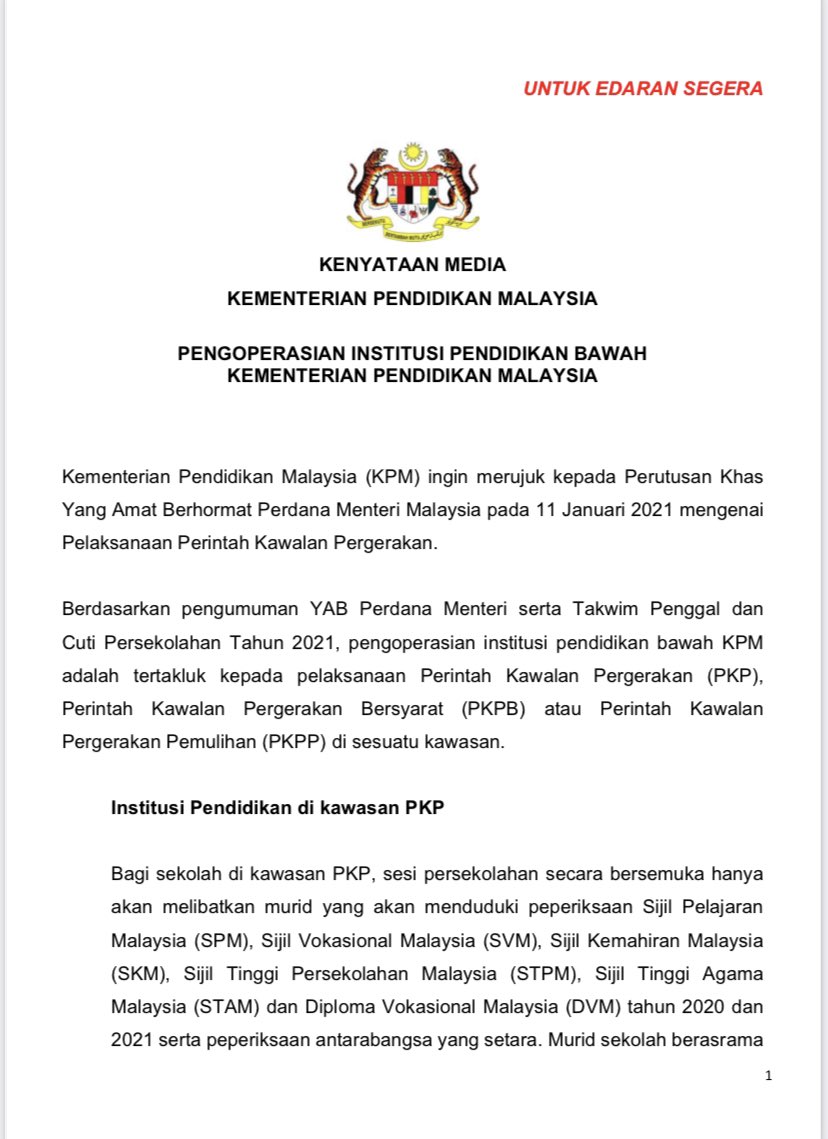 Pojie_'s tweet photo. Kenyataan Media Kementerian Pendidikan Malaysia 
11 Januari 2021

#pkp #pkp2021 #COVID19 #pkpp #pkpd #pkpb https://t.co/OIYHkVuJUT