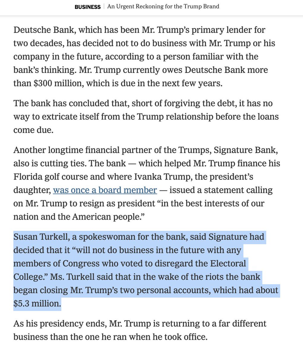 Deutsche execs have concluded that, short of canceling Trump’s $300M+ of debts, there is nothing they can do to extricate themselves quickly.Signature Bank, where  @IvankaTrump used to sit on the board, is calling for Trump's resignation as president.