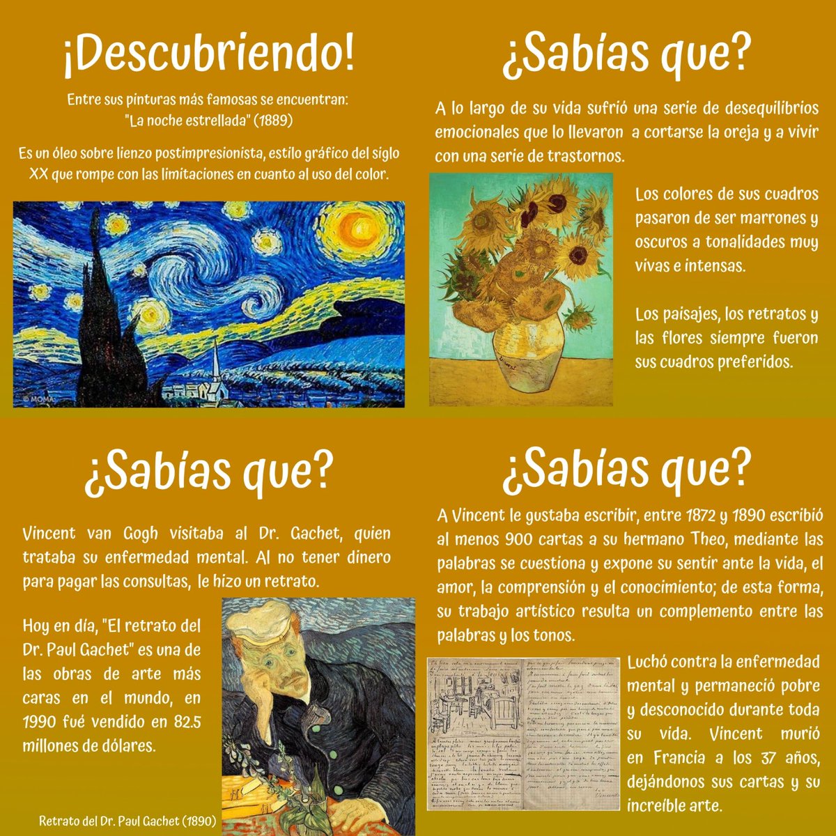 centinelasmty's tweet photo. Vamos a conocer a Vincent van Gogh. Su vida, su pasión por la pintura🎨 y por escribir✒
Al final tiene un reto, pintar "Los Girasoles" experimentando con la técnica de Vincent, ¡atrévete a pintarlo y mándanos tu obra de arte! 
#retocentinelas #vangogh #actividadesparaniños https://t.co/tbdeYcmb8t