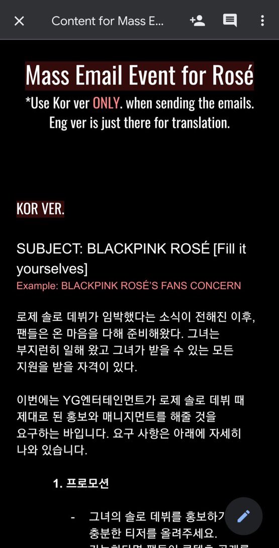 BBU_USA's tweet photo. Mass Email to YGE Day 1 has now started! #YGE_PromoteROSÉSolo

Things you need to know:
1. Type 'BLACKPINK ROSÉ [choice of words]' on the SUBJECT
2. Manually type the emails and BCC to rosefanbases211@gmail.com.
3. Type English opening
4. Link: https://t.co/KoAUKdqmdF

@BLACKPINK https://t.co/Bxc8yZpovF