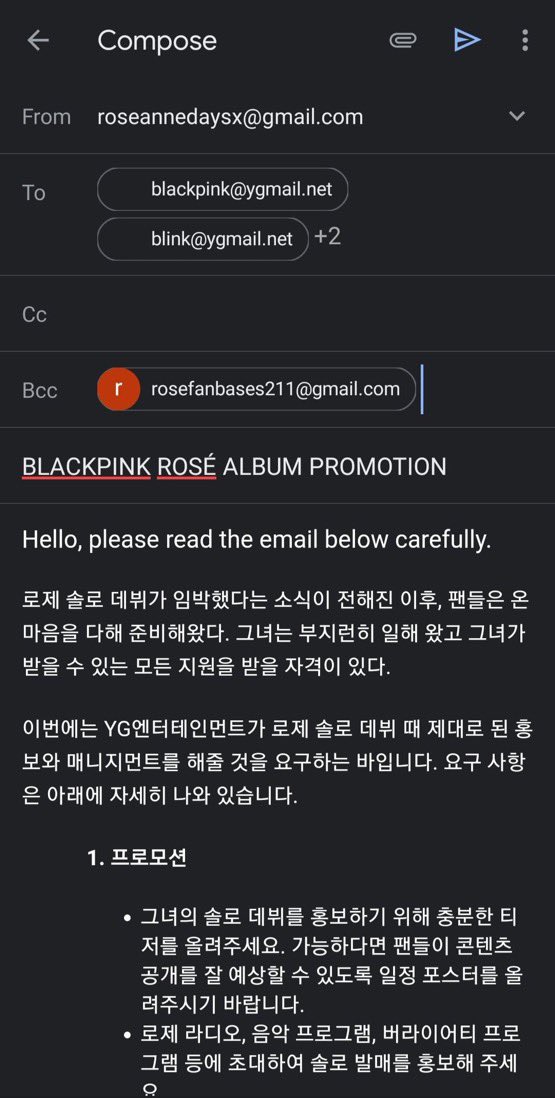 BBU_USA's tweet photo. Mass Email to YGE Day 1 has now started! #YGE_PromoteROSÉSolo

Things you need to know:
1. Type 'BLACKPINK ROSÉ [choice of words]' on the SUBJECT
2. Manually type the emails and BCC to rosefanbases211@gmail.com.
3. Type English opening
4. Link: https://t.co/KoAUKdqmdF

@BLACKPINK https://t.co/Bxc8yZpovF