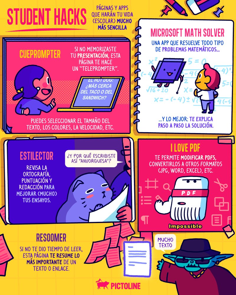 pictoline's tweet photo. 👨‍💻 Student Hacks 👩‍💻
5 páginas y apps que pueden hacer tu vida (escolar) mucho más sencilla 👇 https://t.co/JGKrNQEeNw